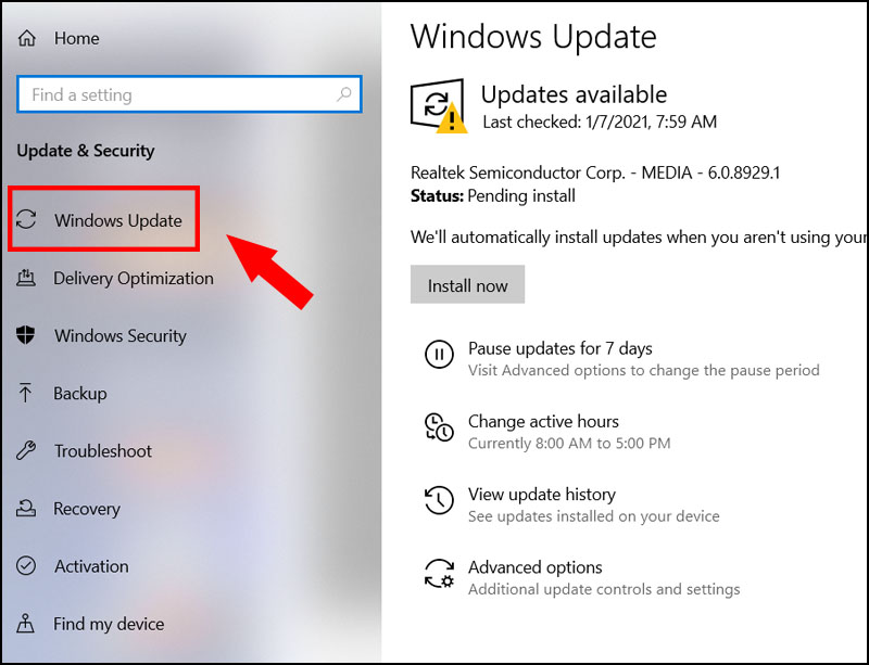 Vào Windows Update